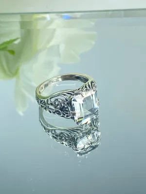 Natural White Topaz Ring, Silver Victorian Scroll Filigree D46