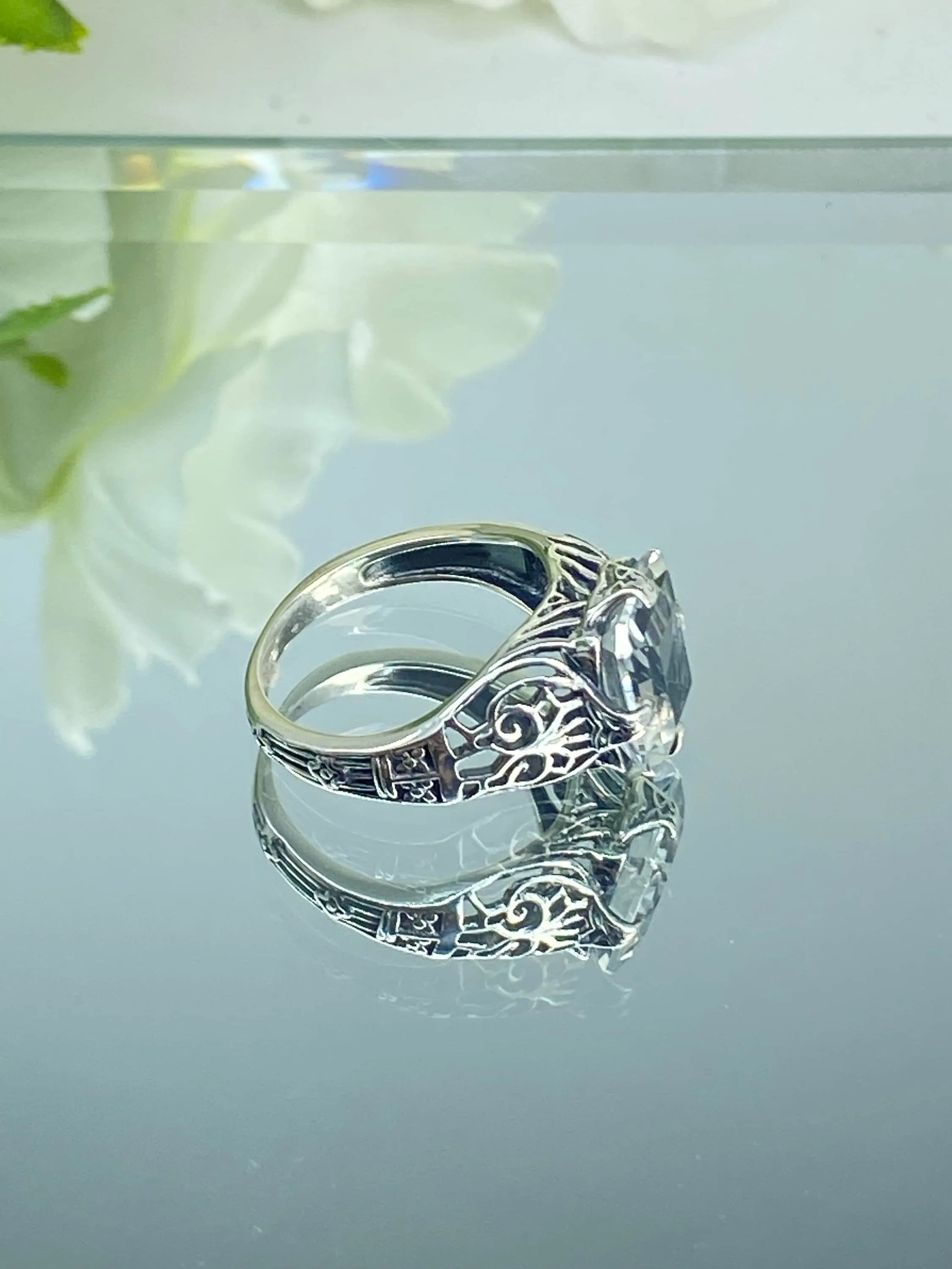 Natural White Topaz Ring, Silver Victorian Scroll Filigree D46