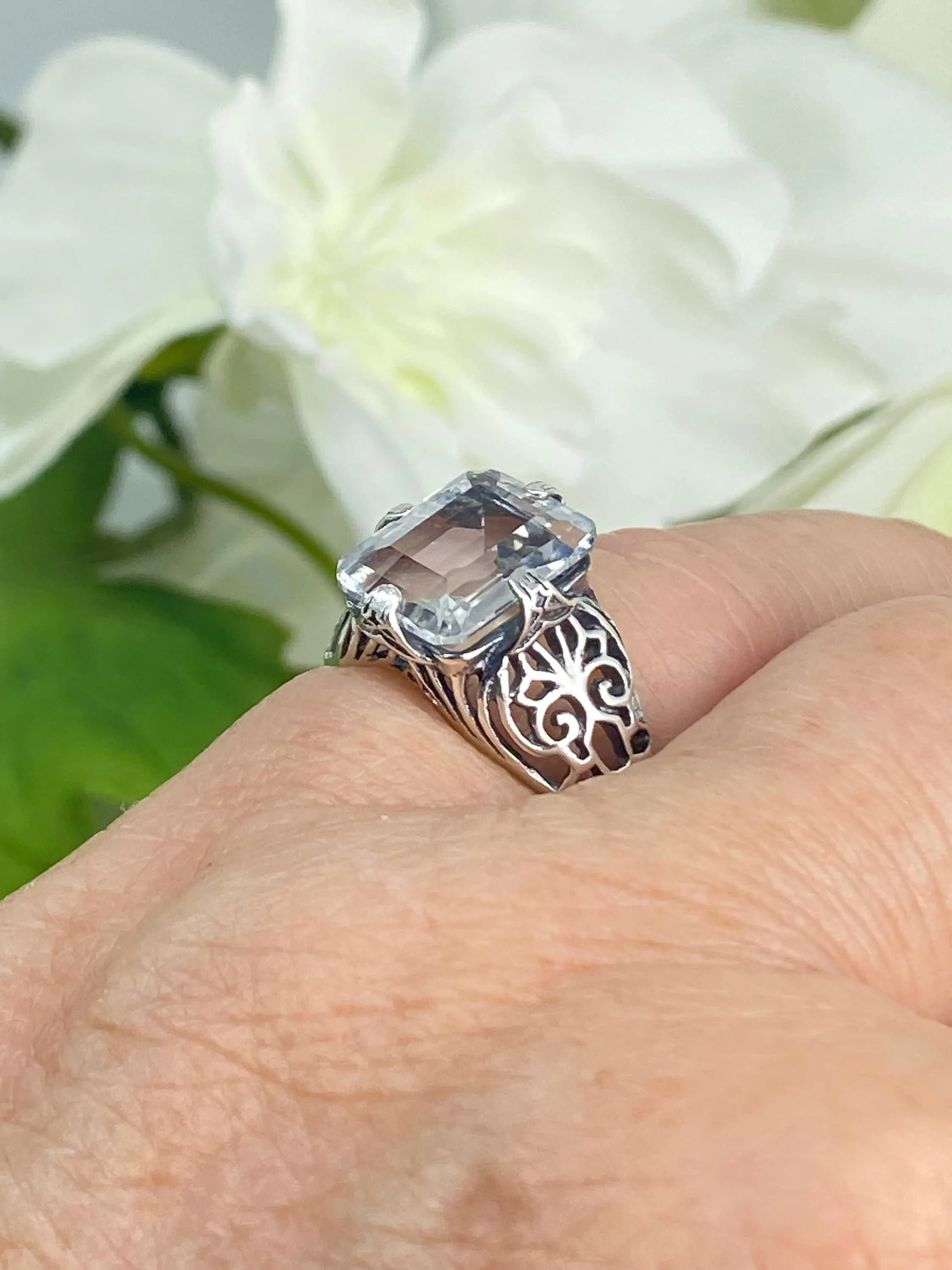 Natural White Topaz Ring, Silver Victorian Scroll Filigree D46