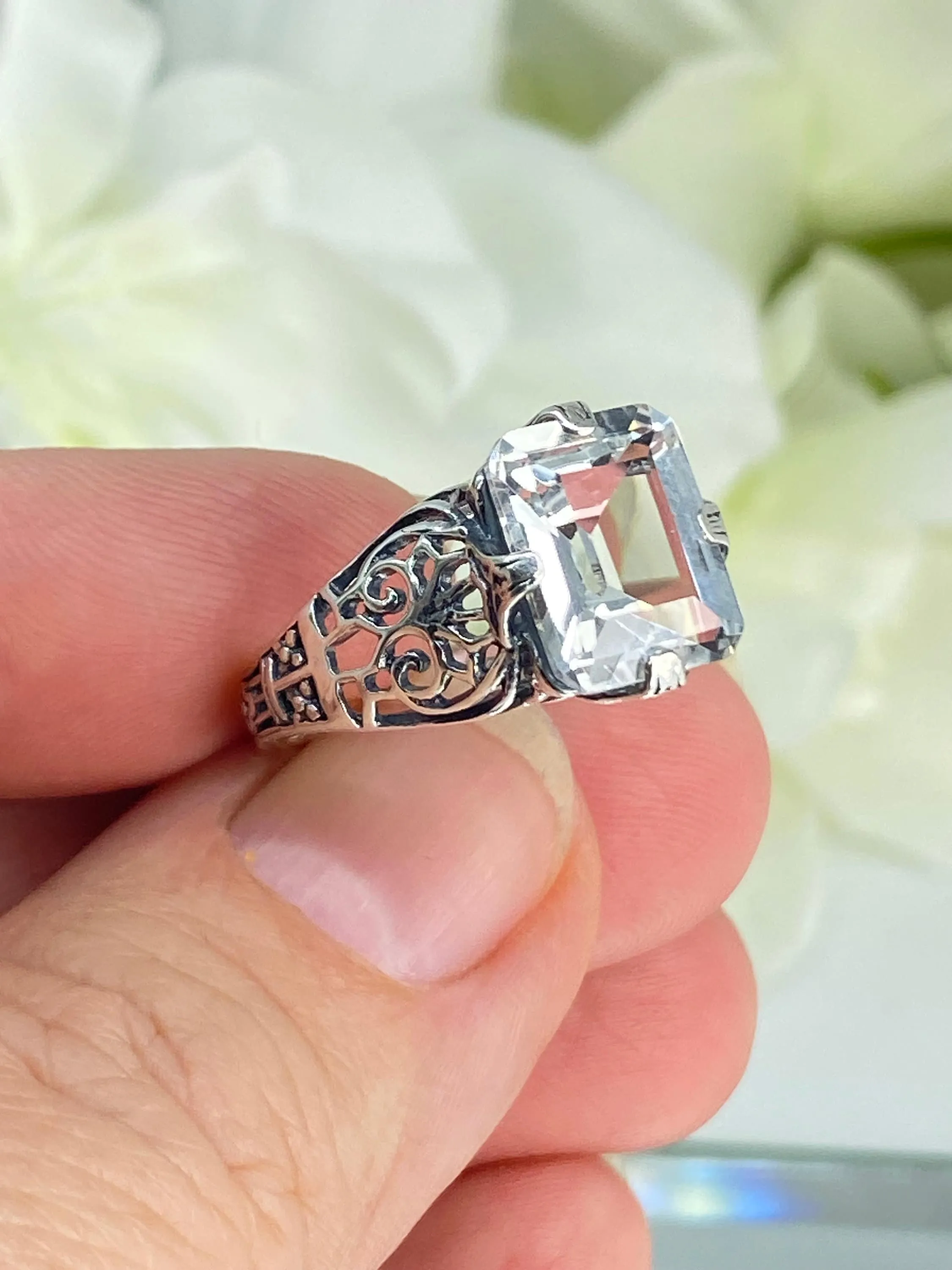 Natural White Topaz Ring, Silver Victorian Scroll Filigree D46