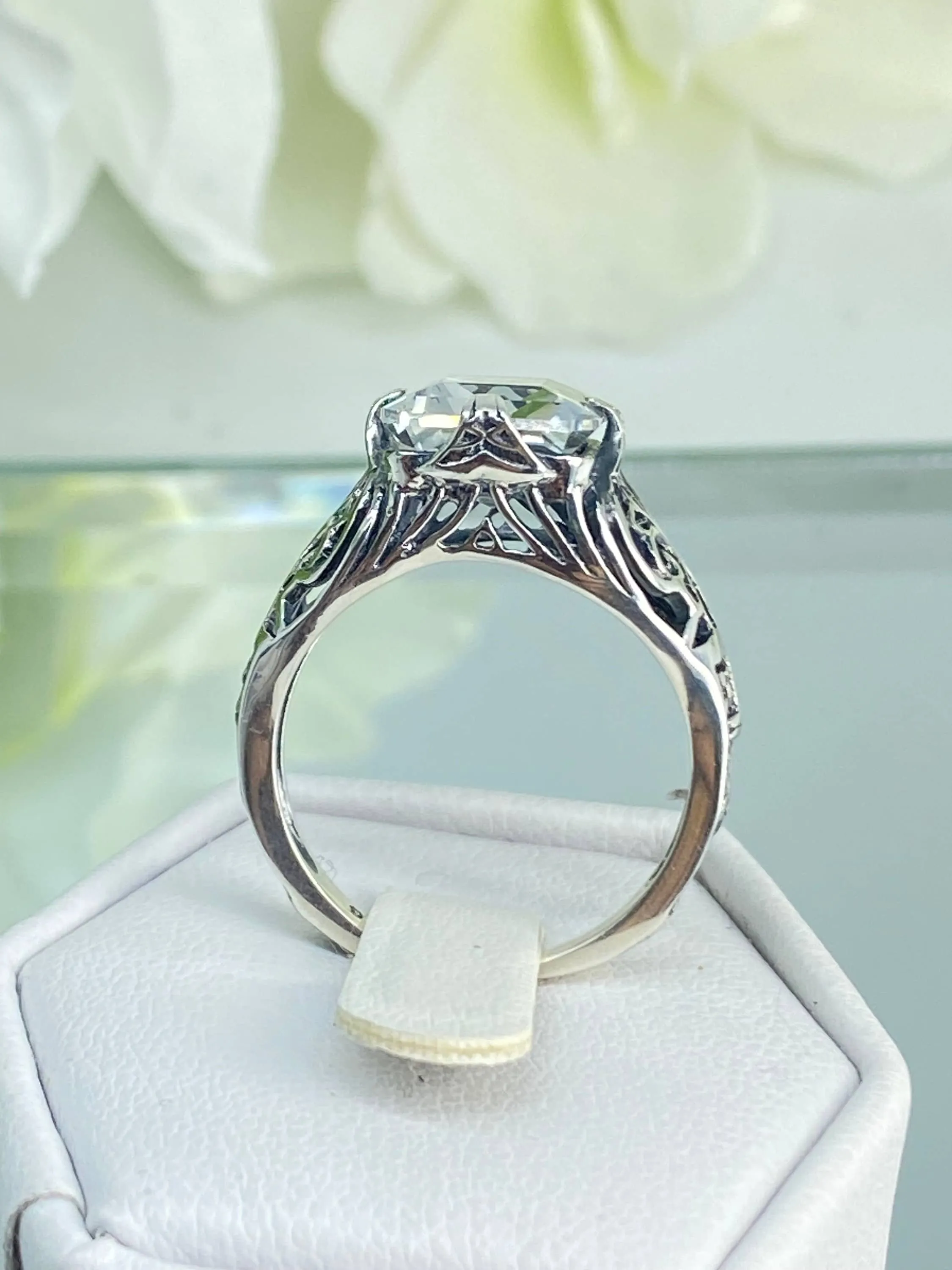 Natural White Topaz Ring, Silver Victorian Scroll Filigree D46