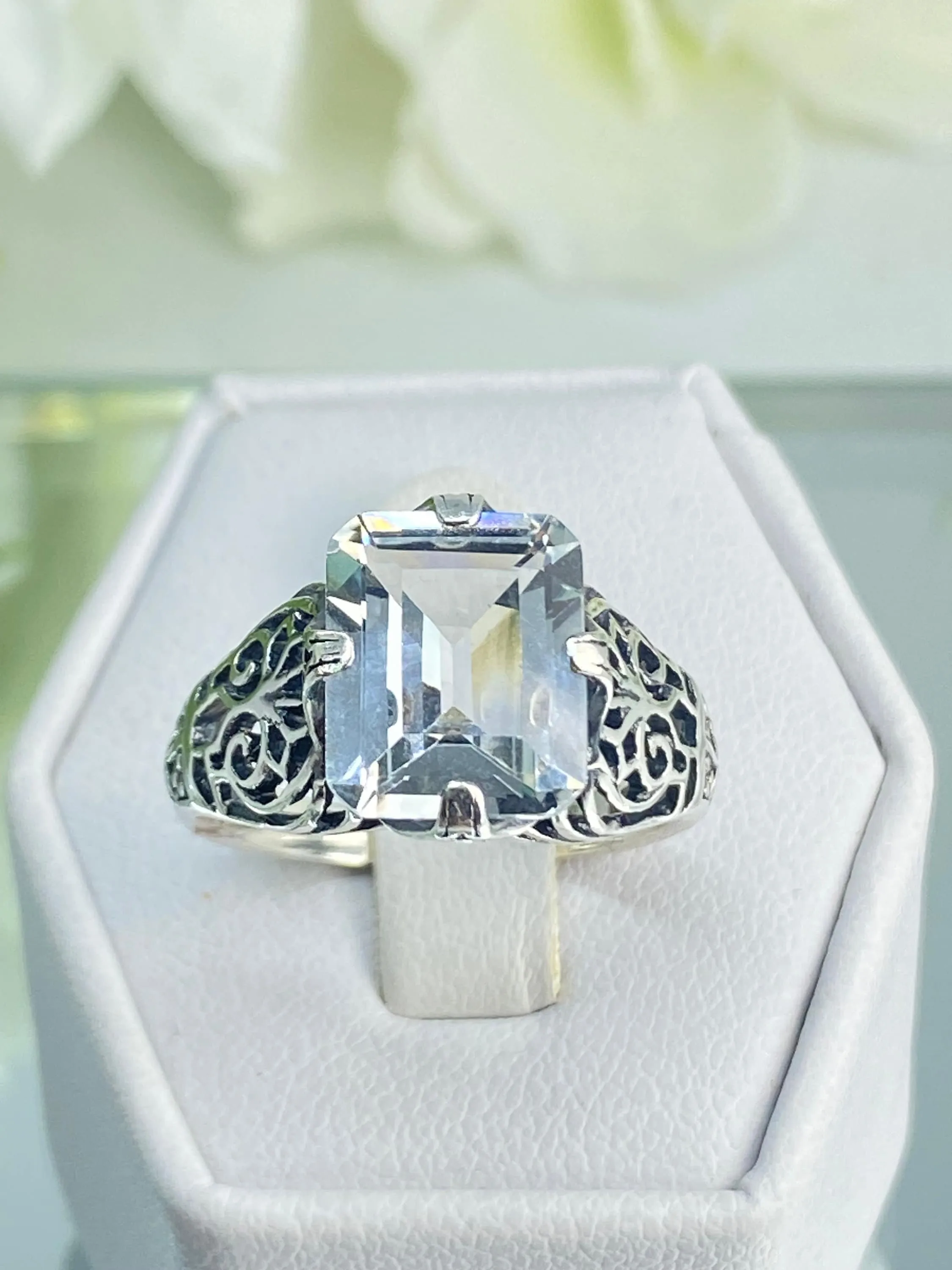 Natural White Topaz Ring, Silver Victorian Scroll Filigree D46