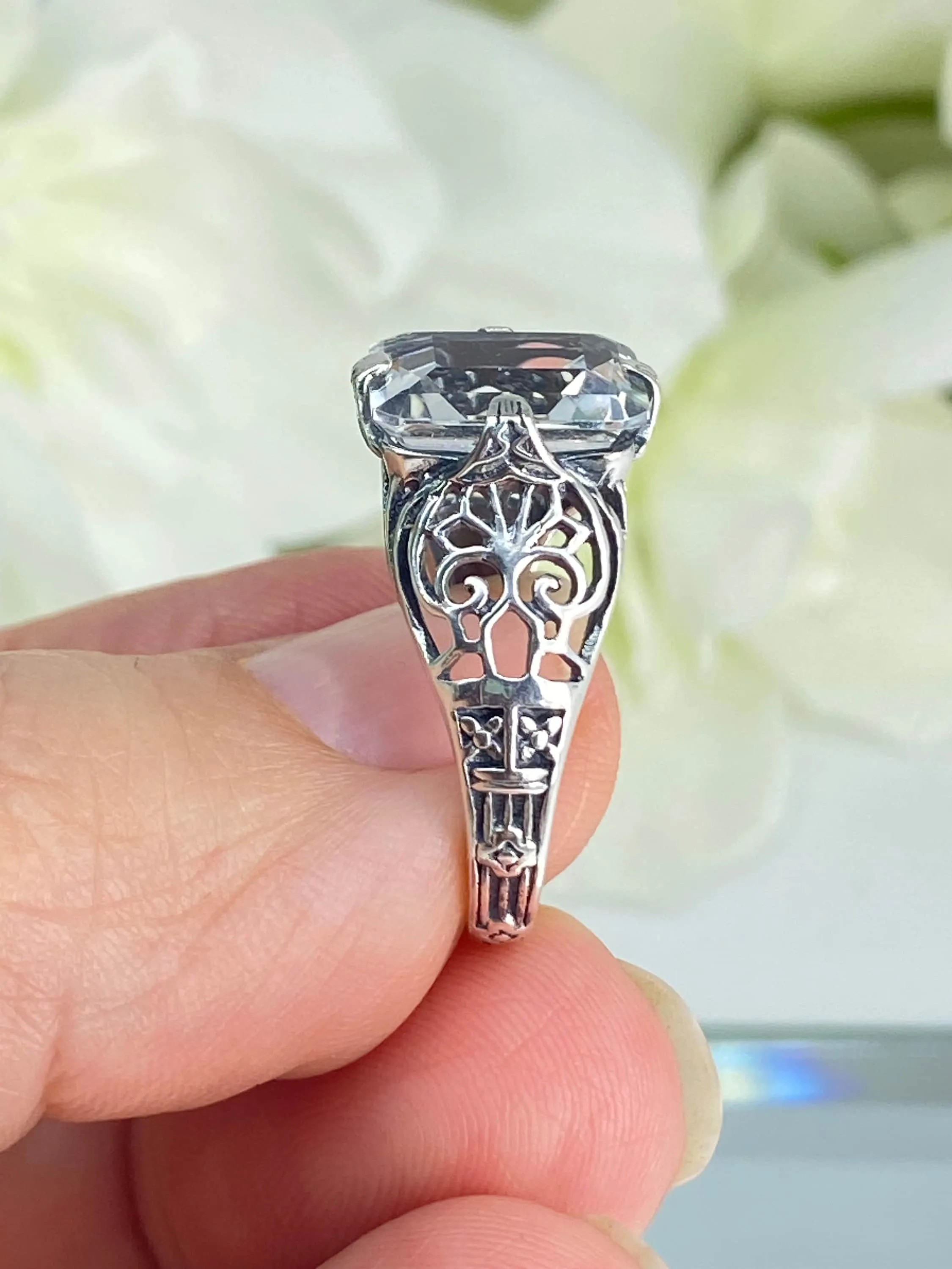 Natural White Topaz Ring, Silver Victorian Scroll Filigree D46
