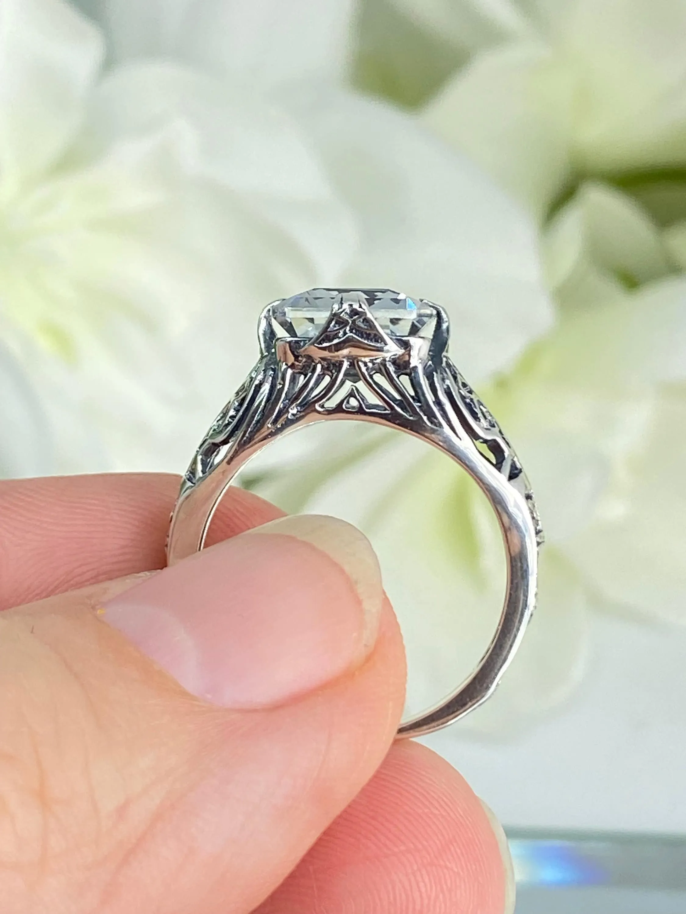 Natural White Topaz Ring, Silver Victorian Scroll Filigree D46