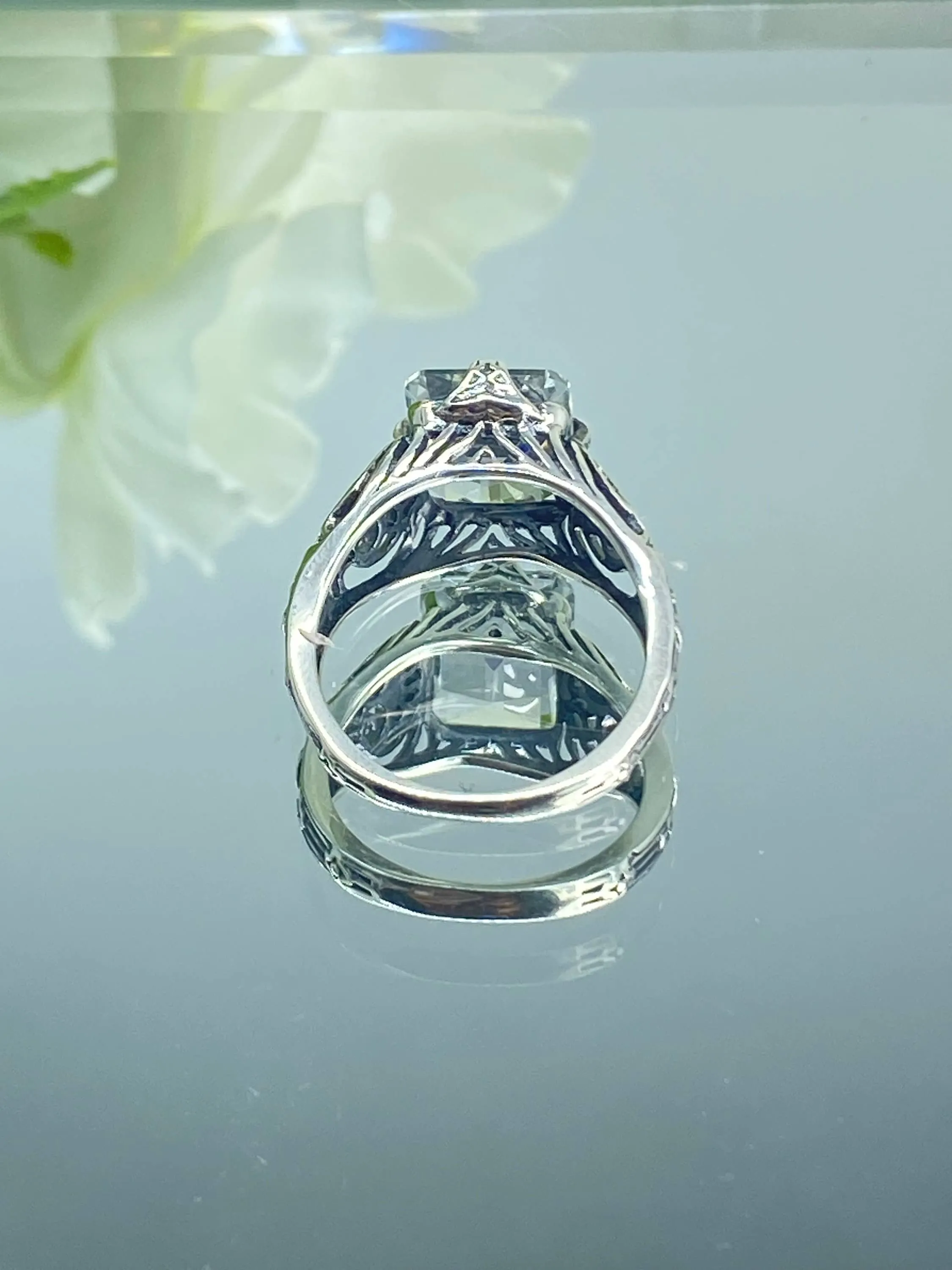 Natural White Topaz Ring, Silver Victorian Scroll Filigree D46