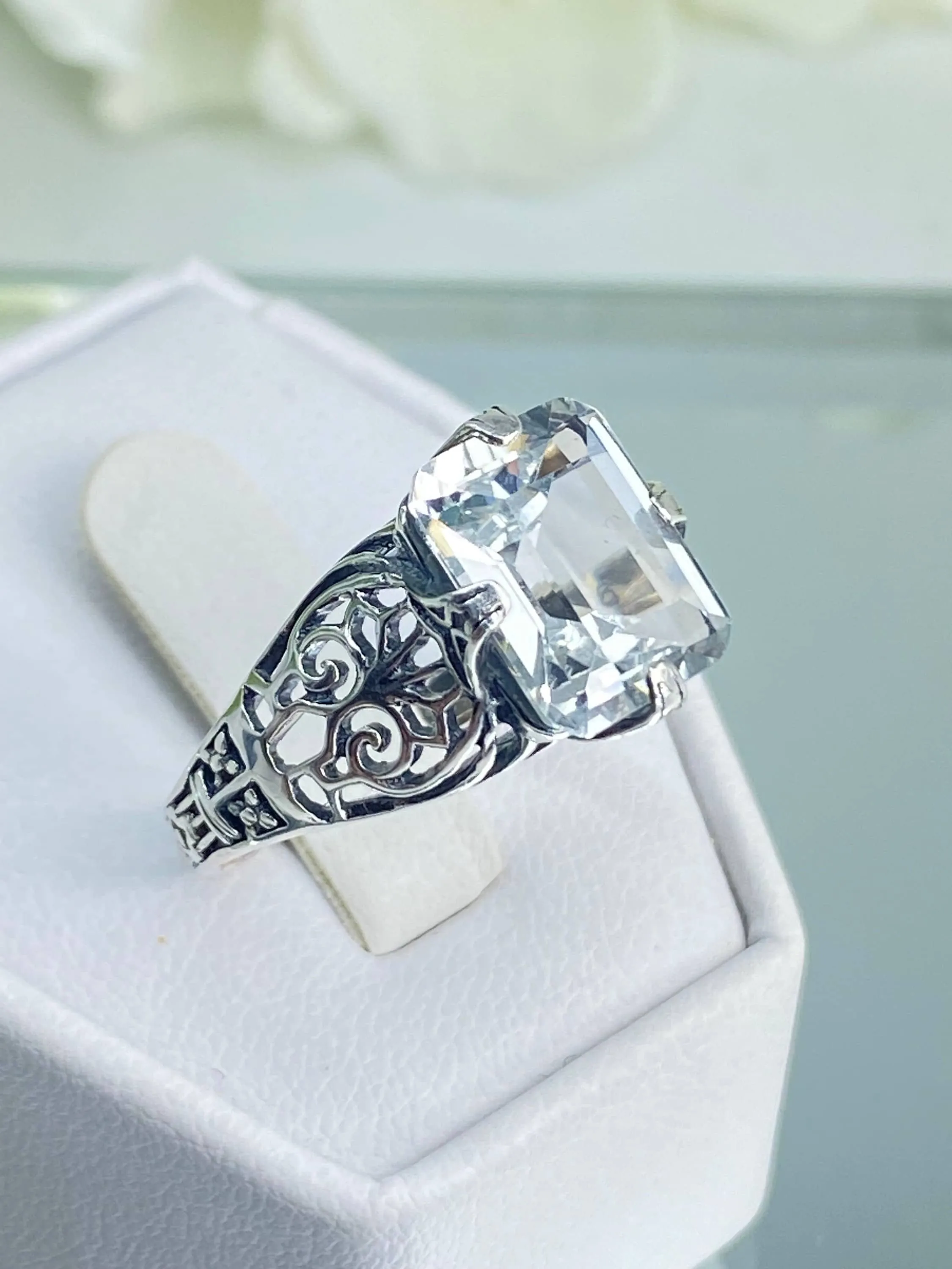 Natural White Topaz Ring, Size 7, Silver Victorian Scroll Filigree D46 - Ready to Ship