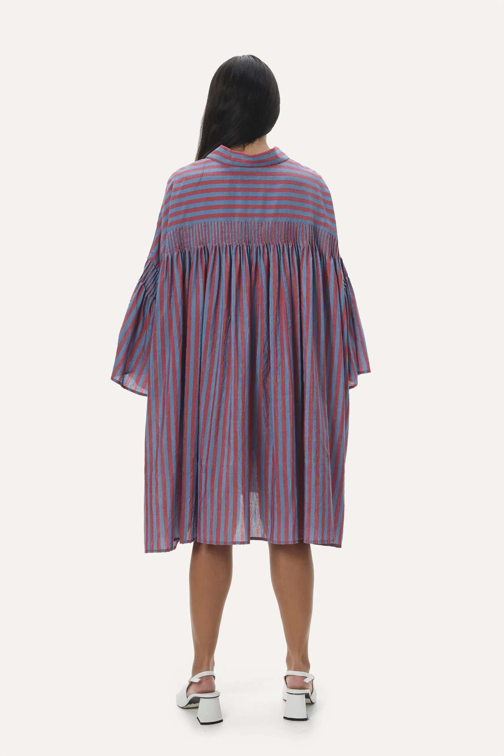 Naushad Ali   I   Boxy shirt dress Stripes Signature Spring Summer 2025 Blue   coral red Handwoven Silk cotton NA SS24 W08