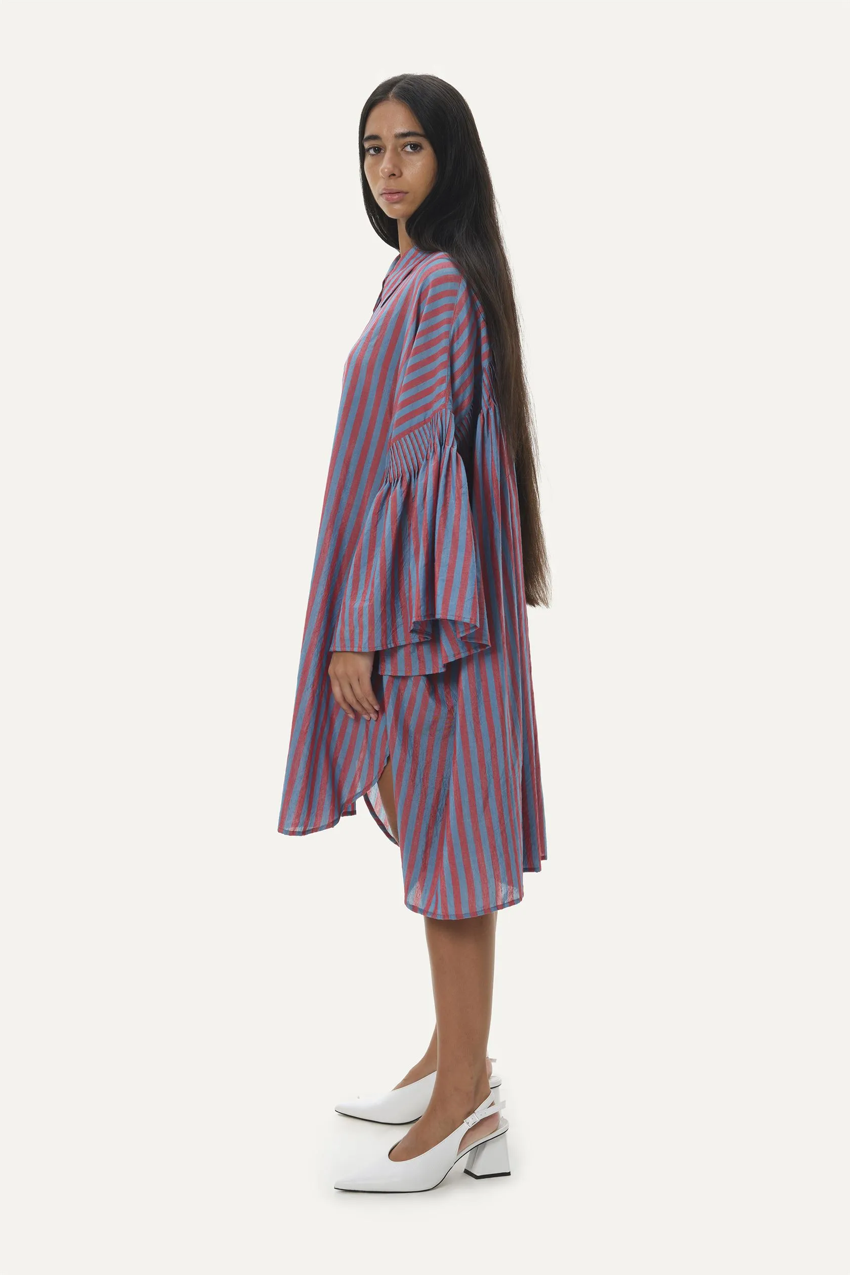 Naushad Ali   I   Boxy shirt dress Stripes Signature Spring Summer 2025 Blue   coral red Handwoven Silk cotton NA SS24 W08