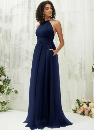 Navy Blue Tulle Halter Neck Floor Length Bridesmaid Dress With Pocket