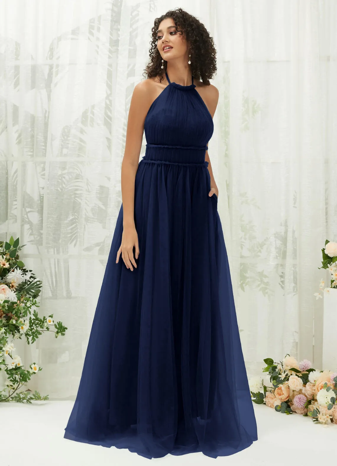 Navy Blue Tulle Halter Neck Floor Length Bridesmaid Dress With Pocket