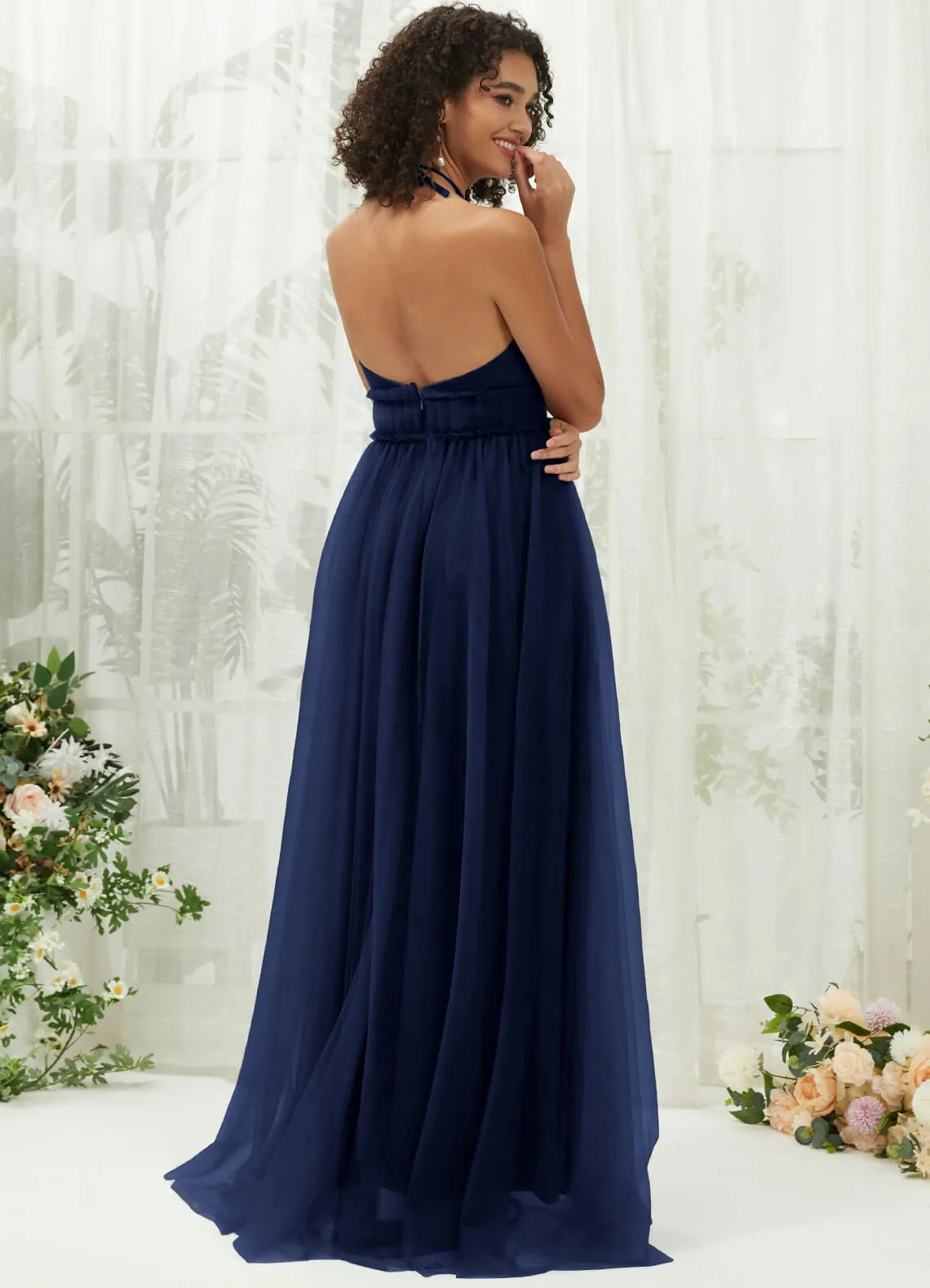Navy Blue Tulle Halter Neck Floor Length Bridesmaid Dress With Pocket