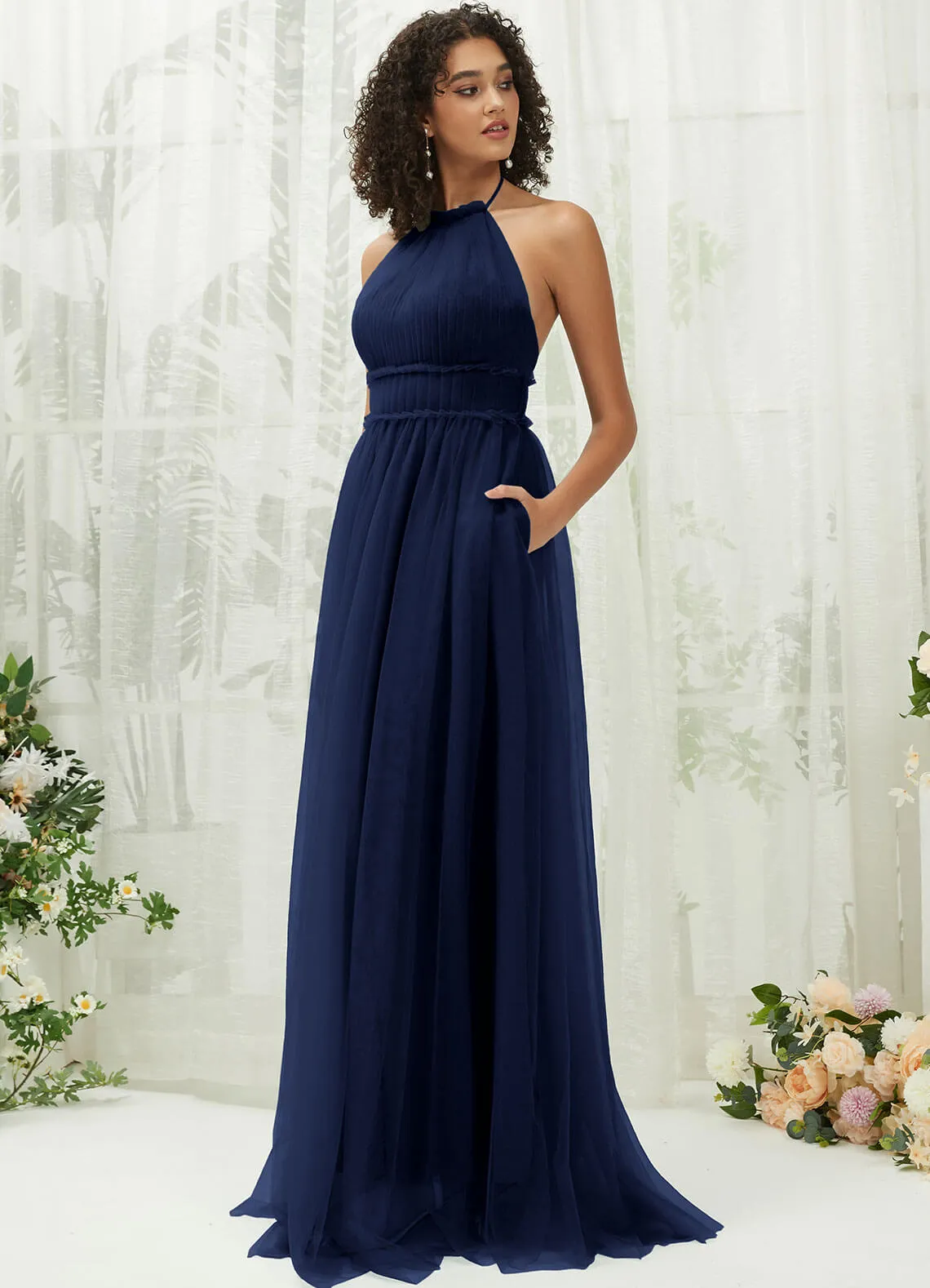 Navy Blue Tulle Halter Neck Floor Length Bridesmaid Dress With Pocket