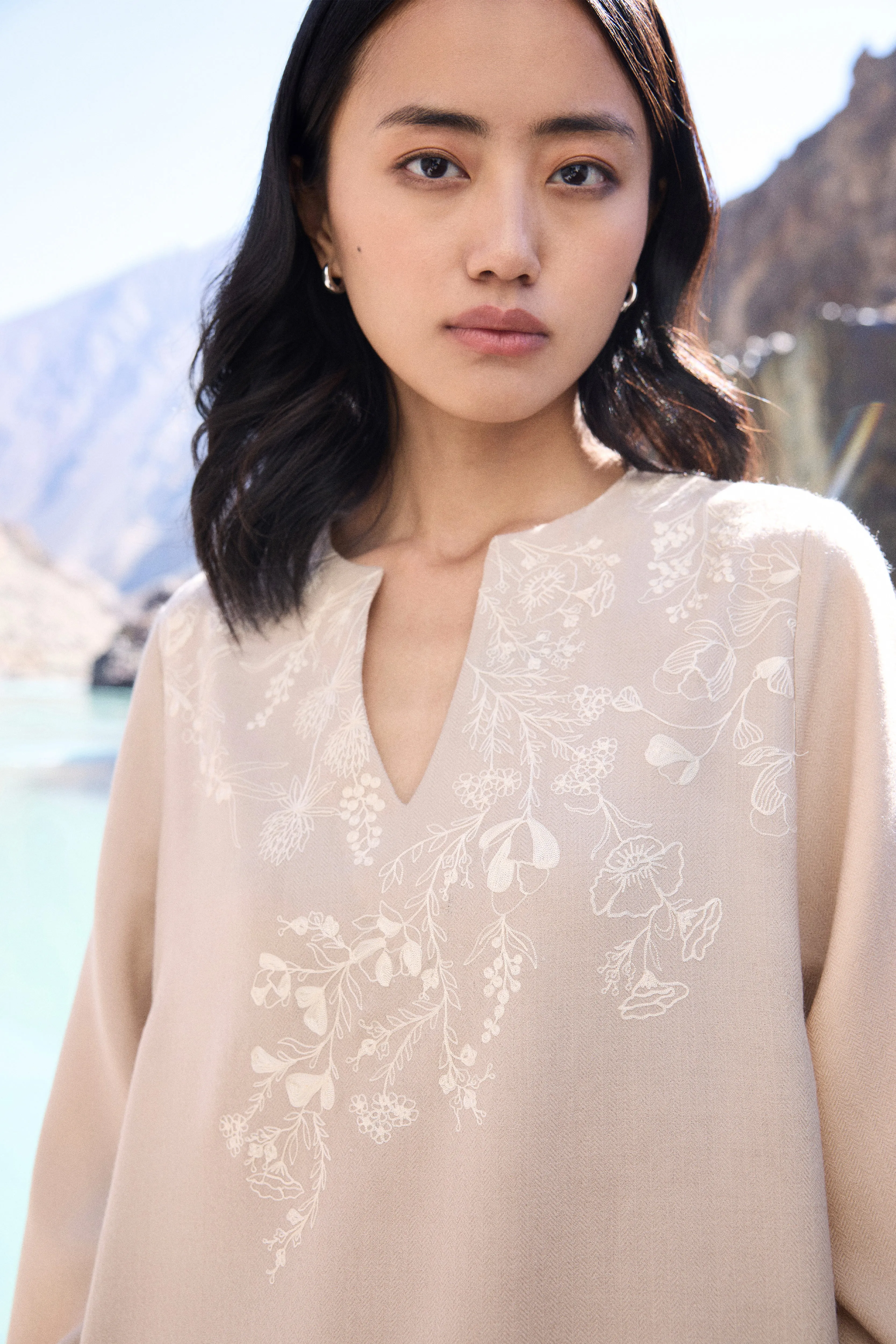Neh Woollen Kaftan Dress (Natural) & Sand Woollen Himalayas Scarf (Natural)