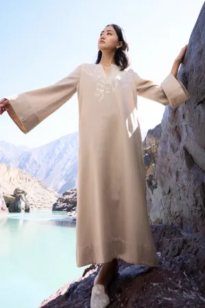 Neh Woollen Kaftan Dress (Natural) & Sand Woollen Himalayas Scarf (Natural)