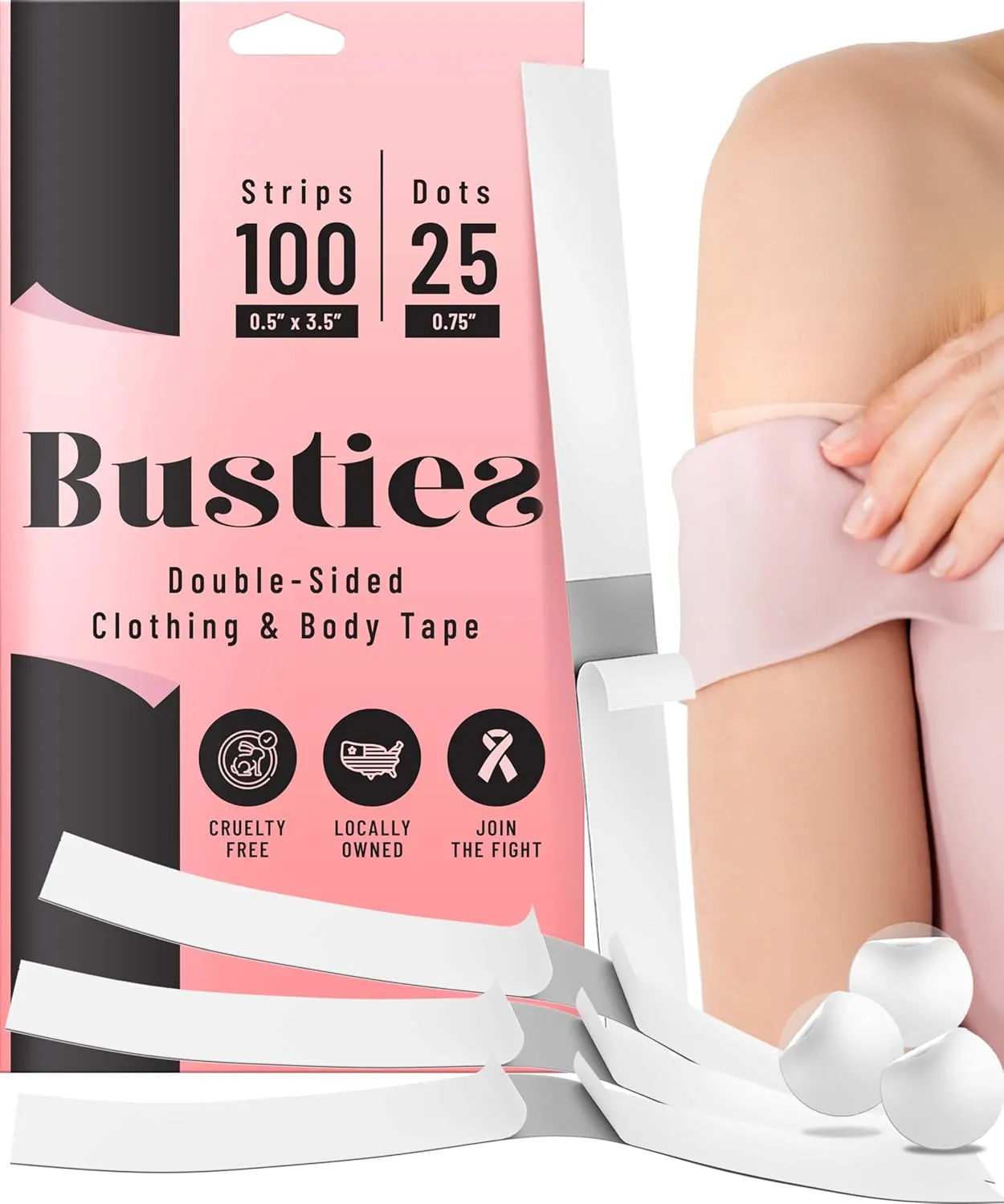 New Busties Fabric Tape (100 Strips & 25 Dots) Avoid Fashion Mishaps with Body Tape, Fabric Tape Double Sided Dress Tape (Clothing Tape/Skin Tape)