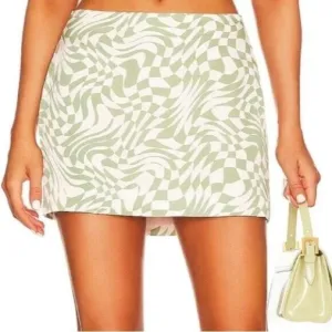 NEW For Love &amp; Lemons Aiko Green and Ivory Geometric Print Mini Skirt‎ Size XS
