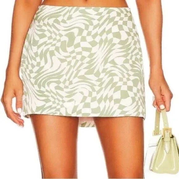 NEW For Love &amp; Lemons Aiko Green and Ivory Geometric Print Mini Skirt‎ Size XS