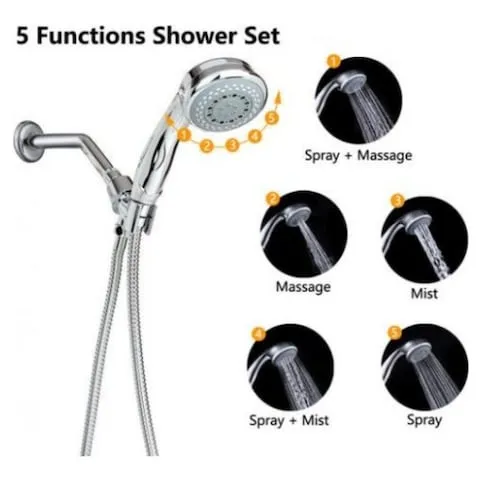 New GRAVITTI 5 FUNCTION SHOWER HEAD SET, Includes 5 function hand shower and hose.