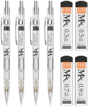 New MozArt Supplies Mechanical Pencil Set - 4 Sizes: 0.3, 0.5, 0.7 & 0.9 mm, 30 HB Lead refills each & 4 Eraser Refills - Drafting, Sketching, Illustrations, Architecture