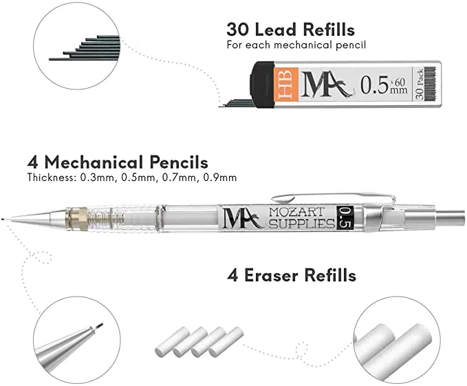 New MozArt Supplies Mechanical Pencil Set - 4 Sizes: 0.3, 0.5, 0.7 & 0.9 mm, 30 HB Lead refills each & 4 Eraser Refills - Drafting, Sketching, Illustrations, Architecture
