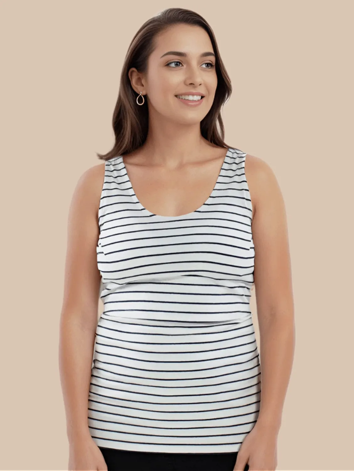 Nursing Laced Cotton Vest |  White/Navy Stripe