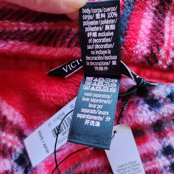 NWT Victoria's Secret Cozy Fleece Plaid Kimono Robe Tie-Waist Pocket Red Pink