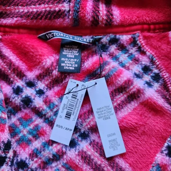 NWT Victoria's Secret Cozy Fleece Plaid Kimono Robe Tie-Waist Pocket Red Pink