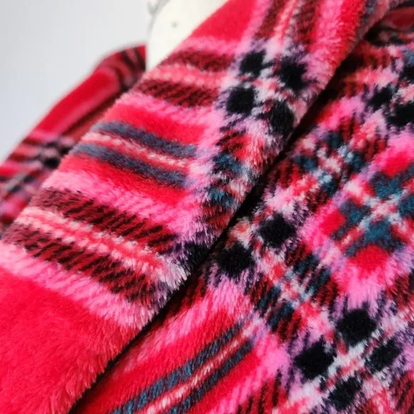 NWT Victoria's Secret Cozy Fleece Plaid Kimono Robe Tie-Waist Pocket Red Pink