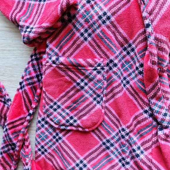 NWT Victoria's Secret Cozy Fleece Plaid Kimono Robe Tie-Waist Pocket Red Pink