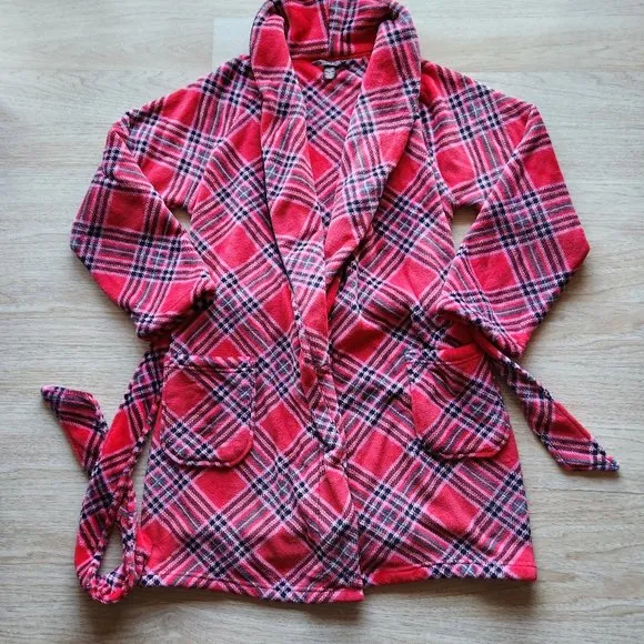NWT Victoria's Secret Cozy Fleece Plaid Kimono Robe Tie-Waist Pocket Red Pink