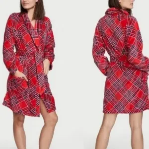 NWT Victoria's Secret Cozy Fleece Plaid Kimono Robe Tie-Waist Pocket Red Pink