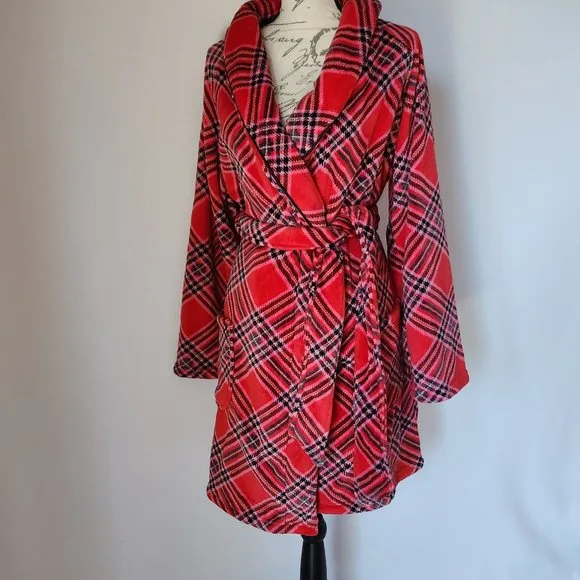 NWT Victoria's Secret Cozy Fleece Plaid Kimono Robe Tie-Waist Pocket Red Pink