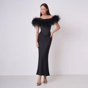 Off Shoulder Sleeveless Feather Maxi Bandage Dress HL9398