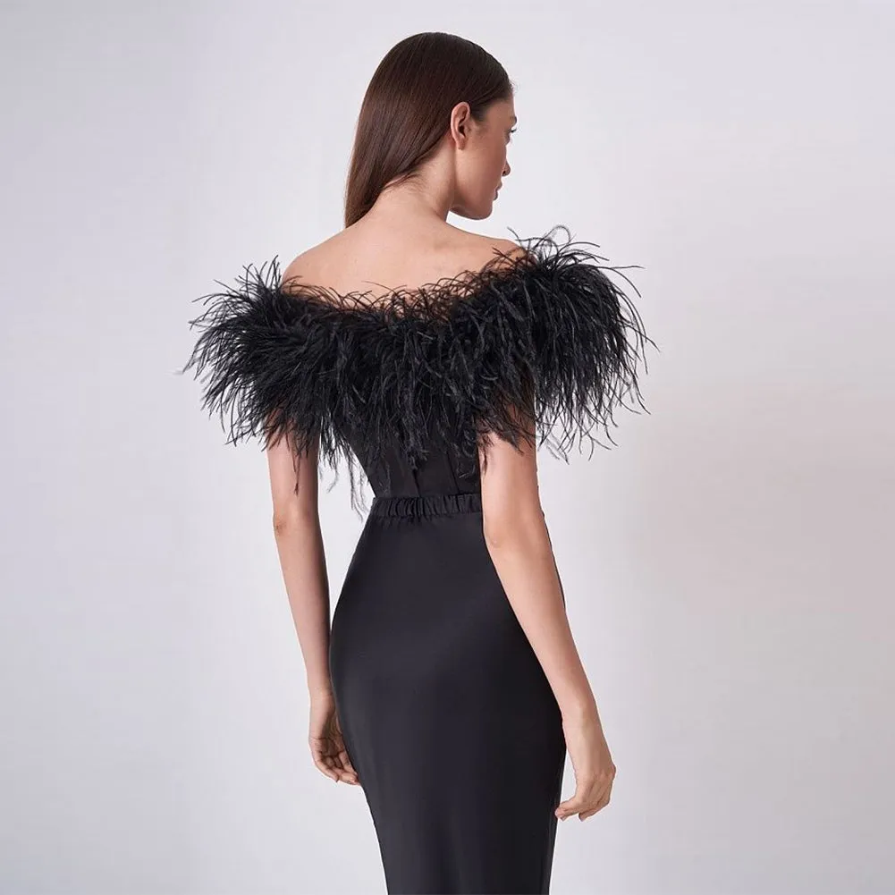 Off Shoulder Sleeveless Feather Maxi Bandage Dress HL9398