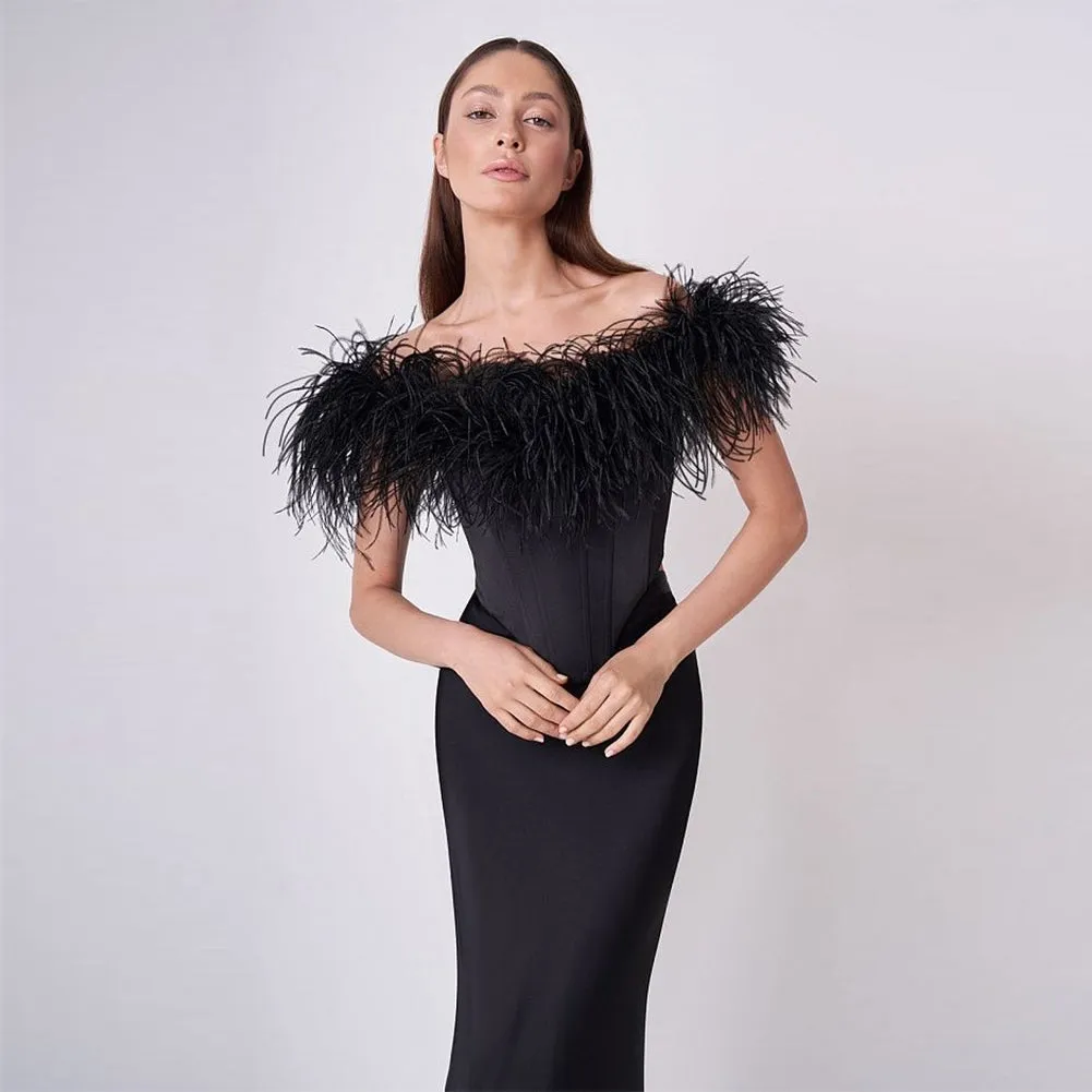 Off Shoulder Sleeveless Feather Maxi Bandage Dress HL9398