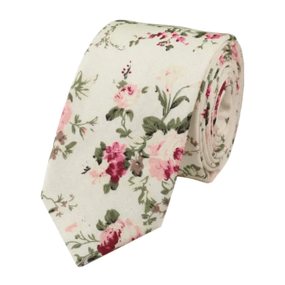 Olivia Cream Floral Bow Tie, Skinny Tie and Pocket Square Set