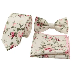 Olivia Cream Floral Bow Tie, Skinny Tie and Pocket Square Set
