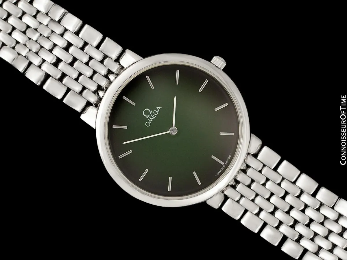 Omega De Ville Mens Thin Quartz Dress Watch with Green Vignette Dial - Stainless Steel