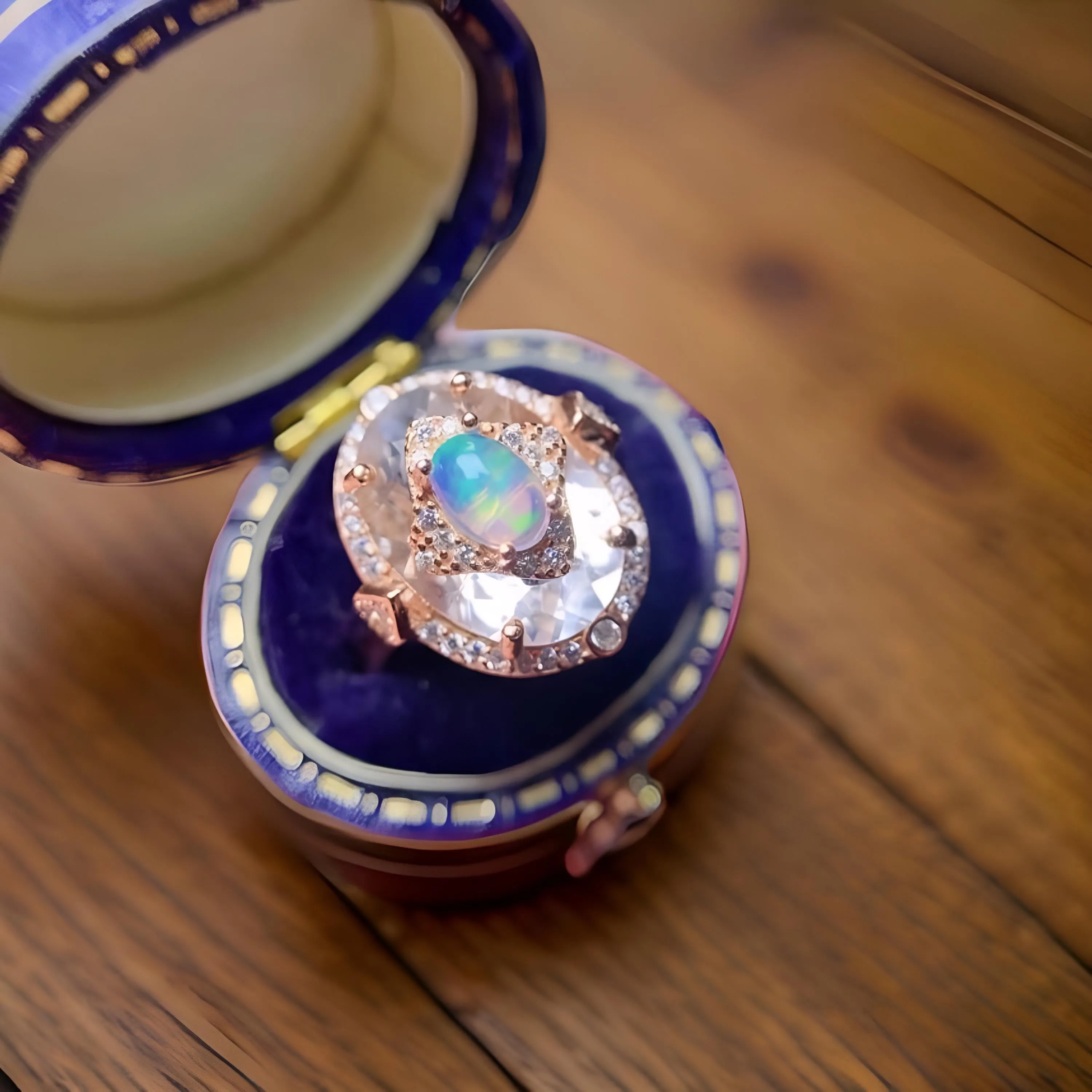 Opal and Clear Quartz Rose Gold Art Deco Ring