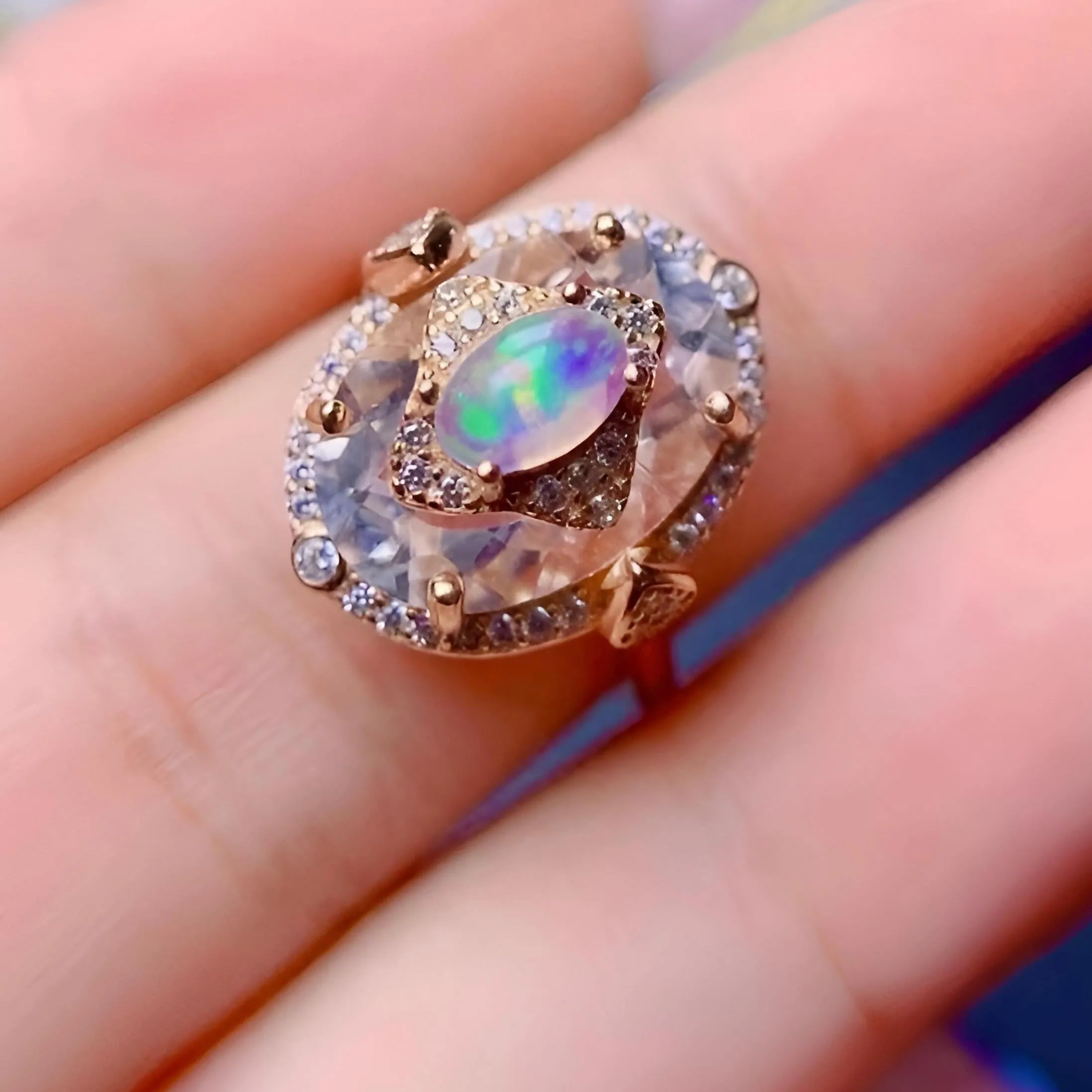 Opal and Clear Quartz Rose Gold Art Deco Ring