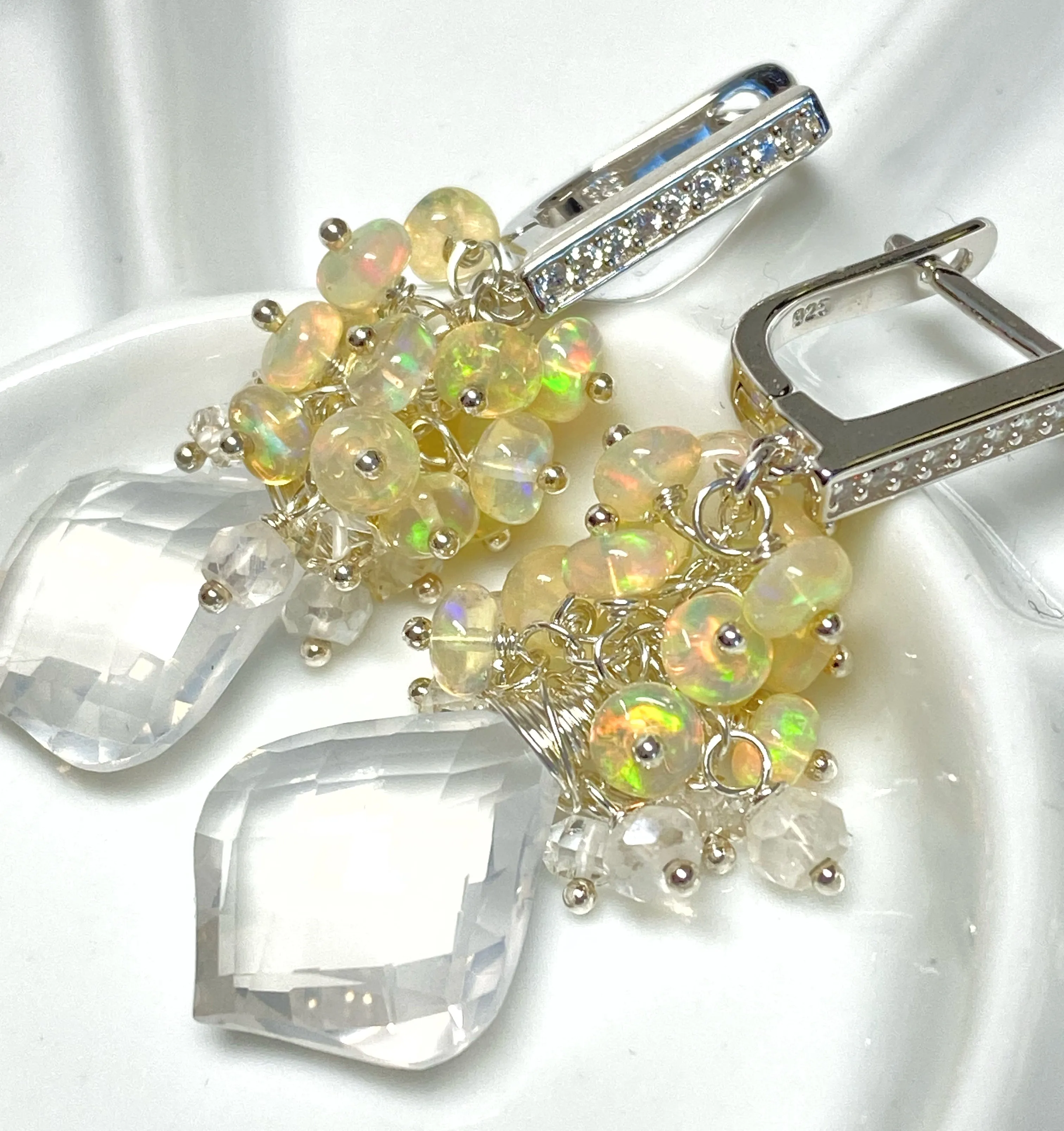 Opal Cluster Crystal Quartz Leverback Earrings