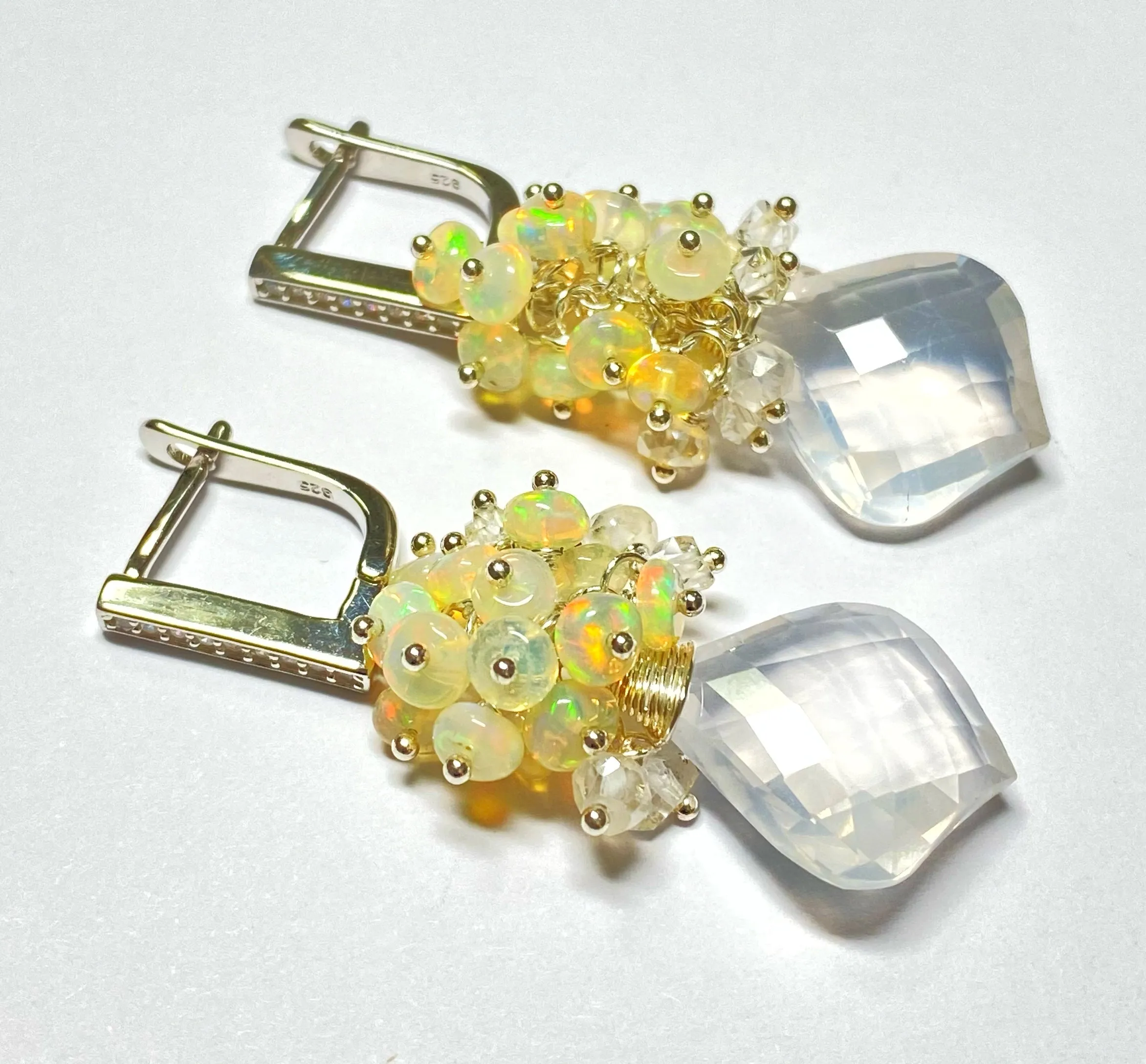 Opal Cluster Crystal Quartz Leverback Earrings