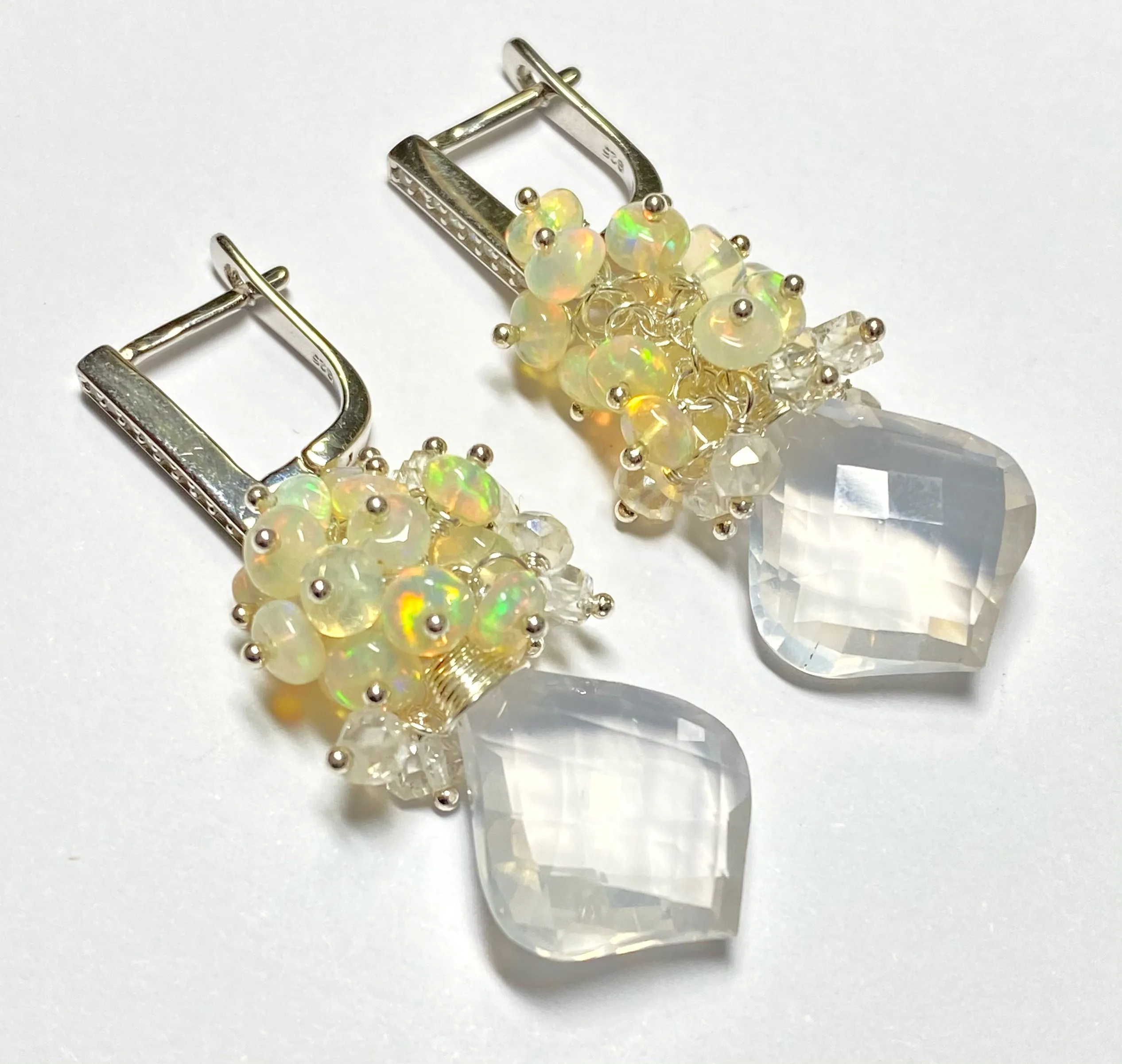 Opal Cluster Crystal Quartz Leverback Earrings