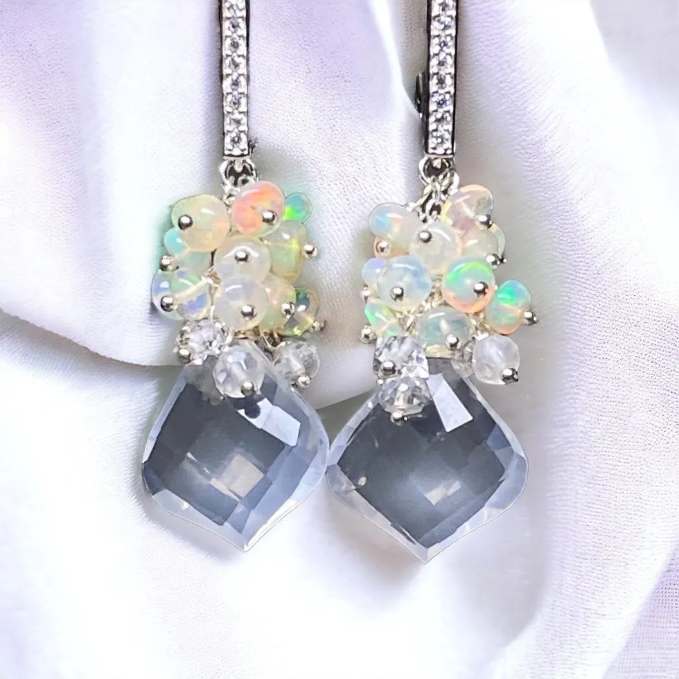 Opal Cluster Crystal Quartz Leverback Earrings