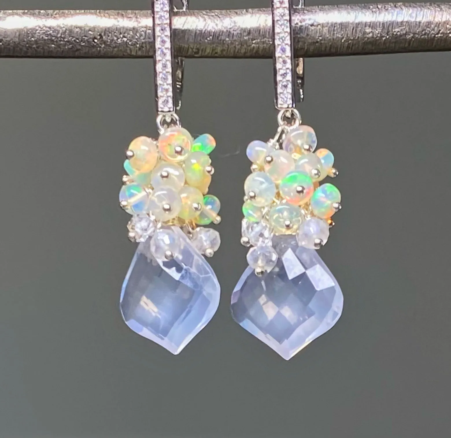 Opal Cluster Crystal Quartz Leverback Earrings
