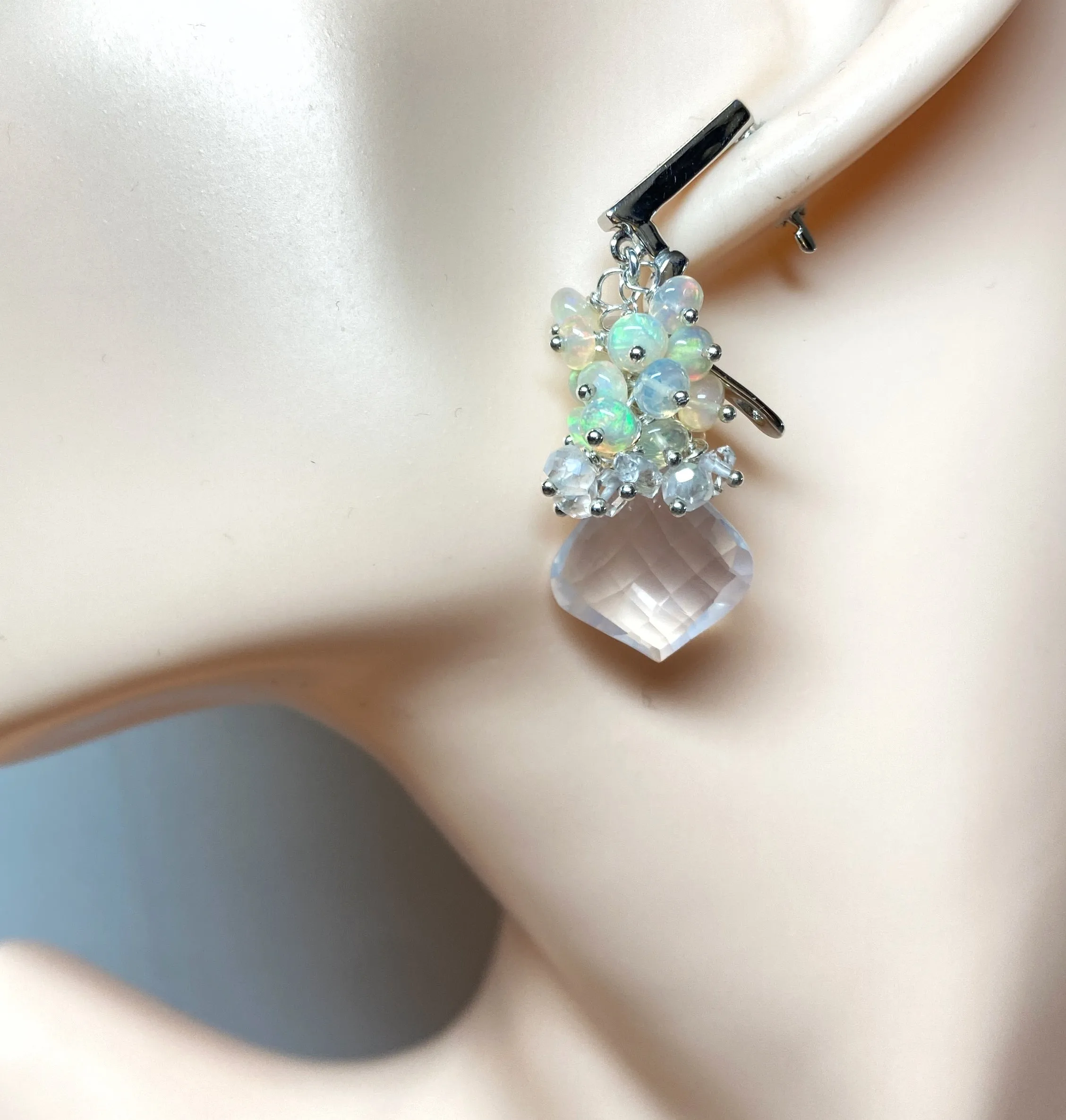 Opal Cluster Crystal Quartz Leverback Earrings
