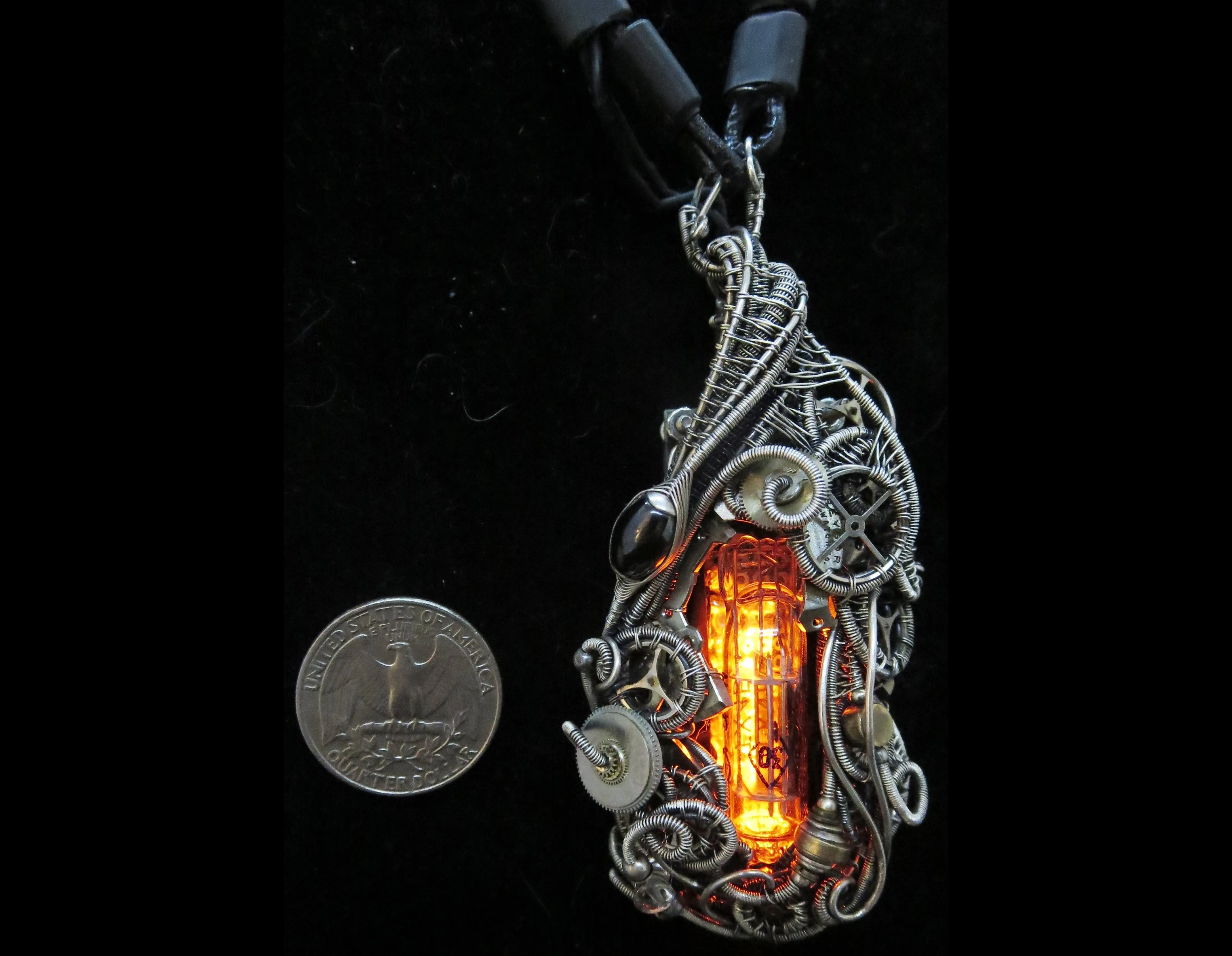 Orange Nixie Tube Cyberpunk Necklace with Upcycled Electronic and Watch Parts