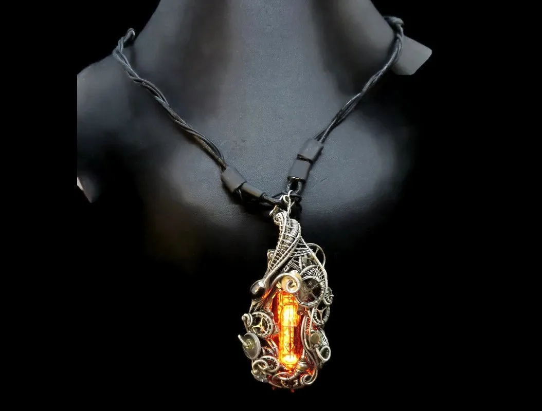 Orange Nixie Tube Cyberpunk Necklace with Upcycled Electronic and Watch Parts
