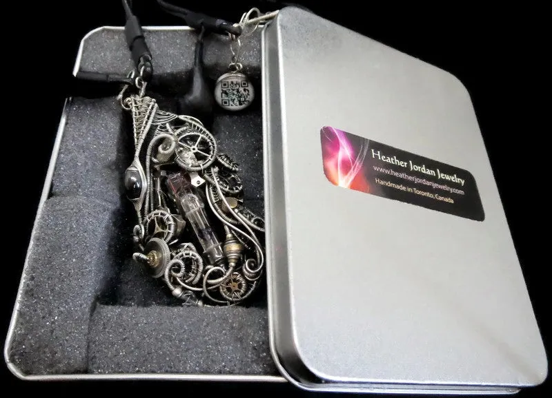 Orange Nixie Tube Cyberpunk Necklace with Upcycled Electronic and Watch Parts