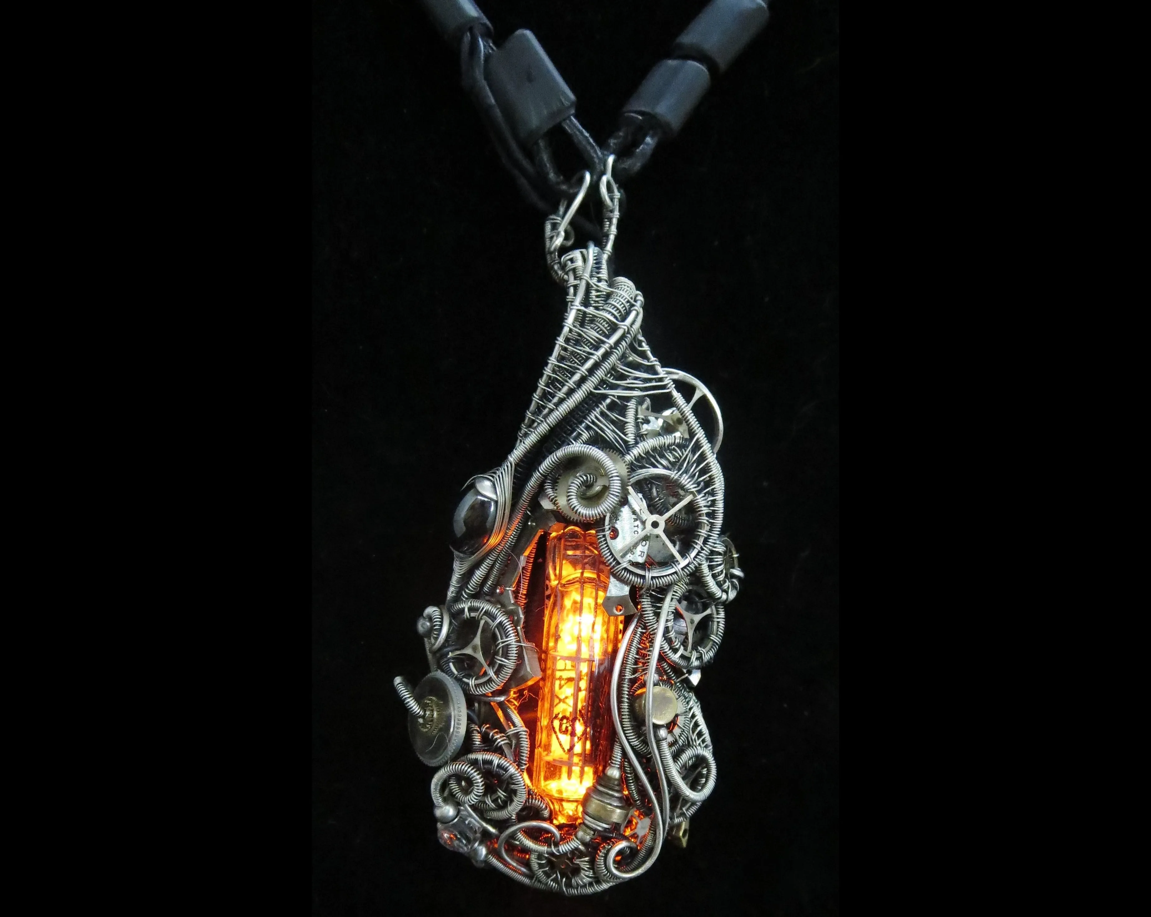 Orange Nixie Tube Cyberpunk Necklace with Upcycled Electronic and Watch Parts